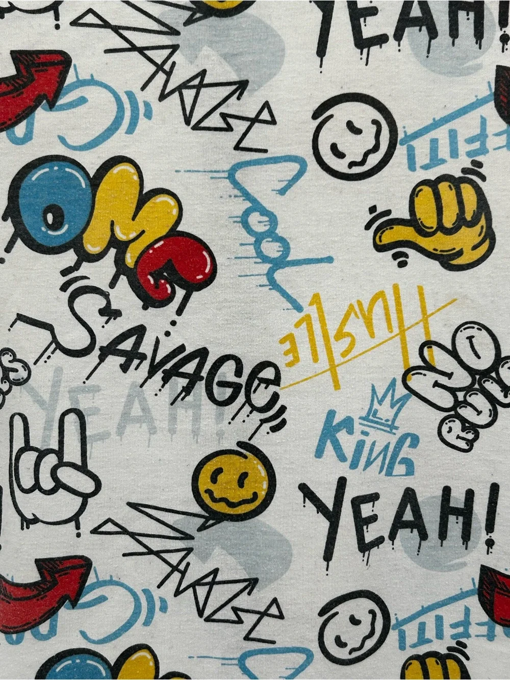 rebels White Graphic Tee with Red, Blue & Yellow Doodles Size 7